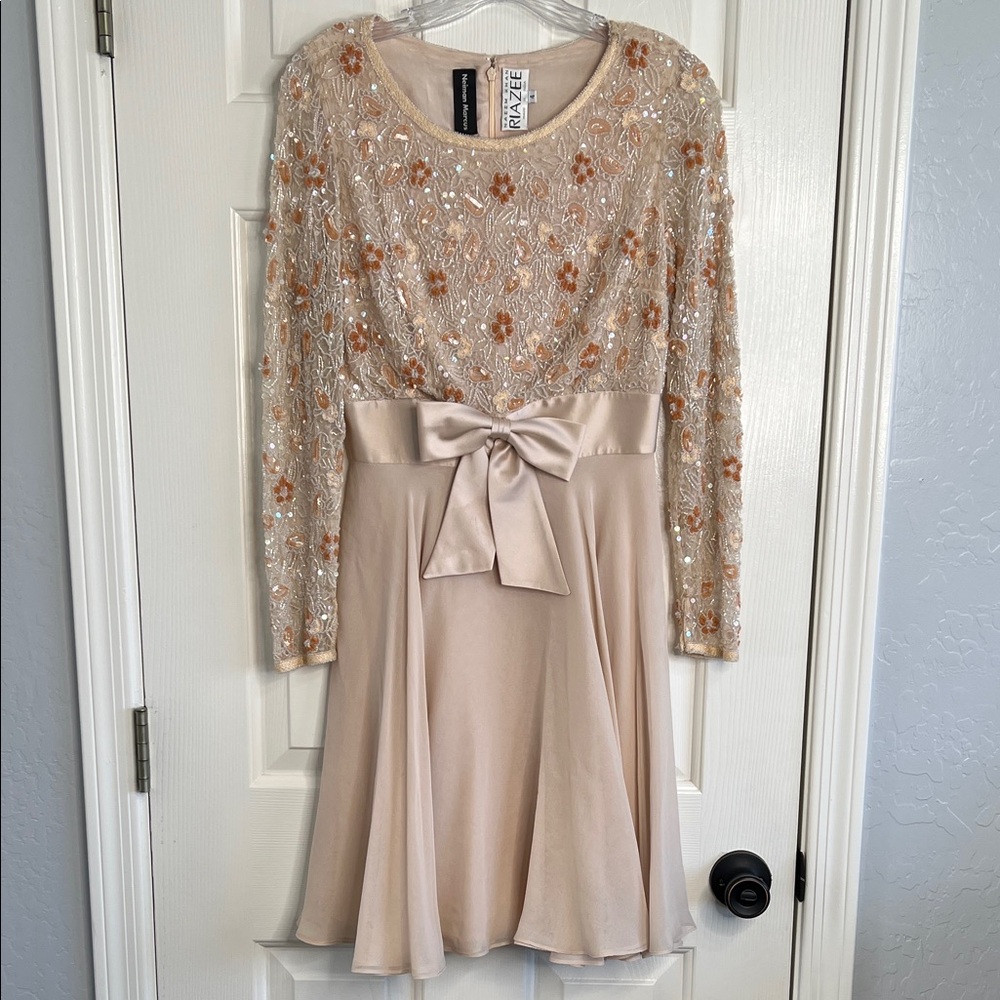 Vintage Naeem Khan Riazee beaded silk long sleeve peach dress 4 Neiman Marcus